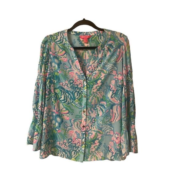 Lilly Pulitzer blouse aqua & pinks sz Small - Picture 1 of 5